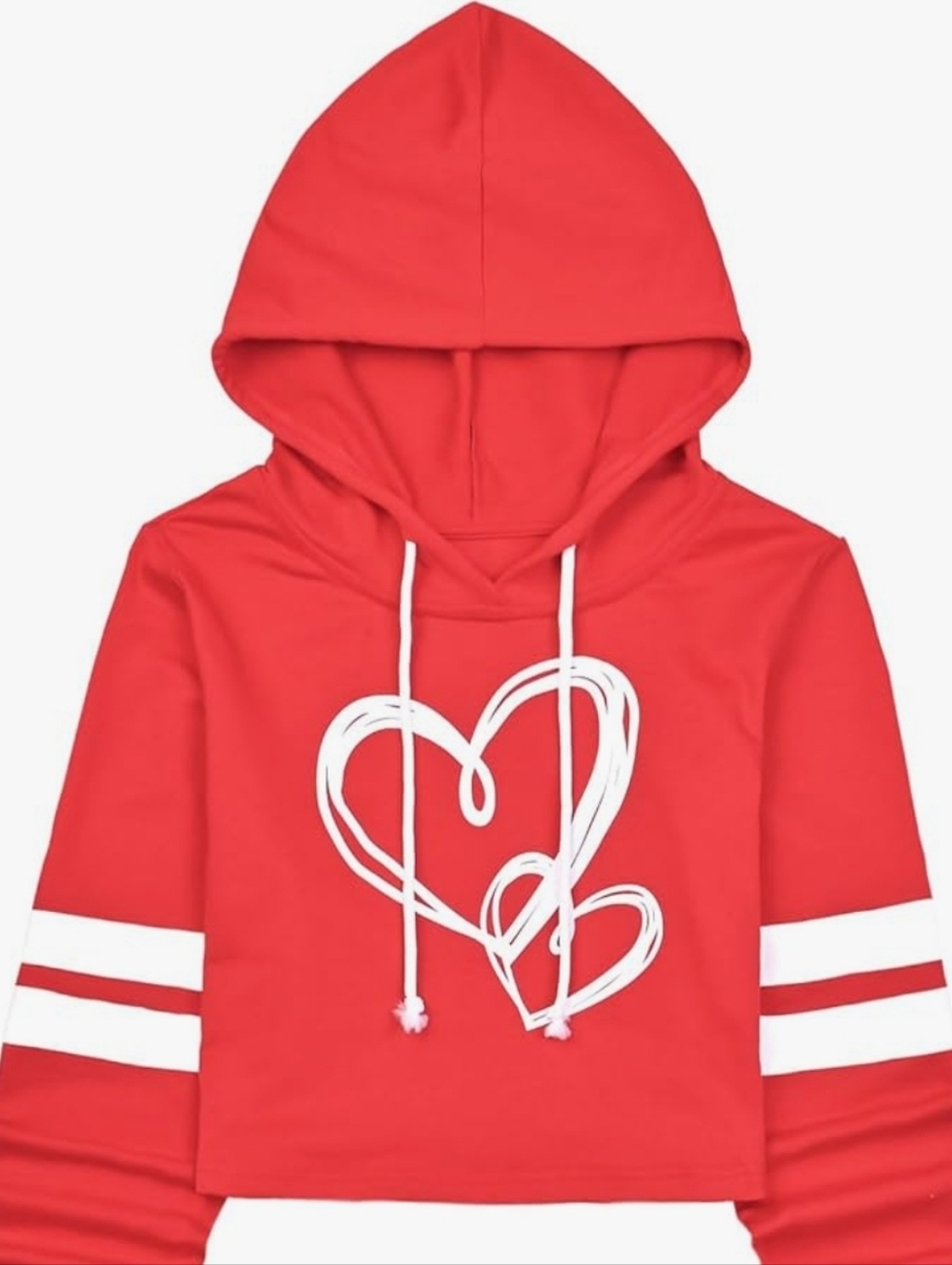 Women’s Red Heart Graphic Cropped Hoodie with Stripe Sleeves